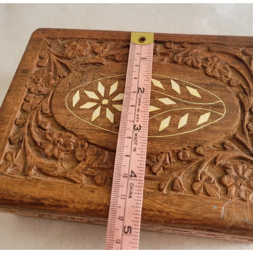 Vintage Hand Carved Wooden Jewelry Trinket Box Floral Inlay Keepsake Decor
